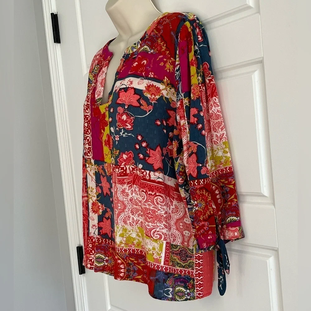 Jones New York Patchwork Floral Paisley Boho Blouse 3/4 Tie Sleeve 1X